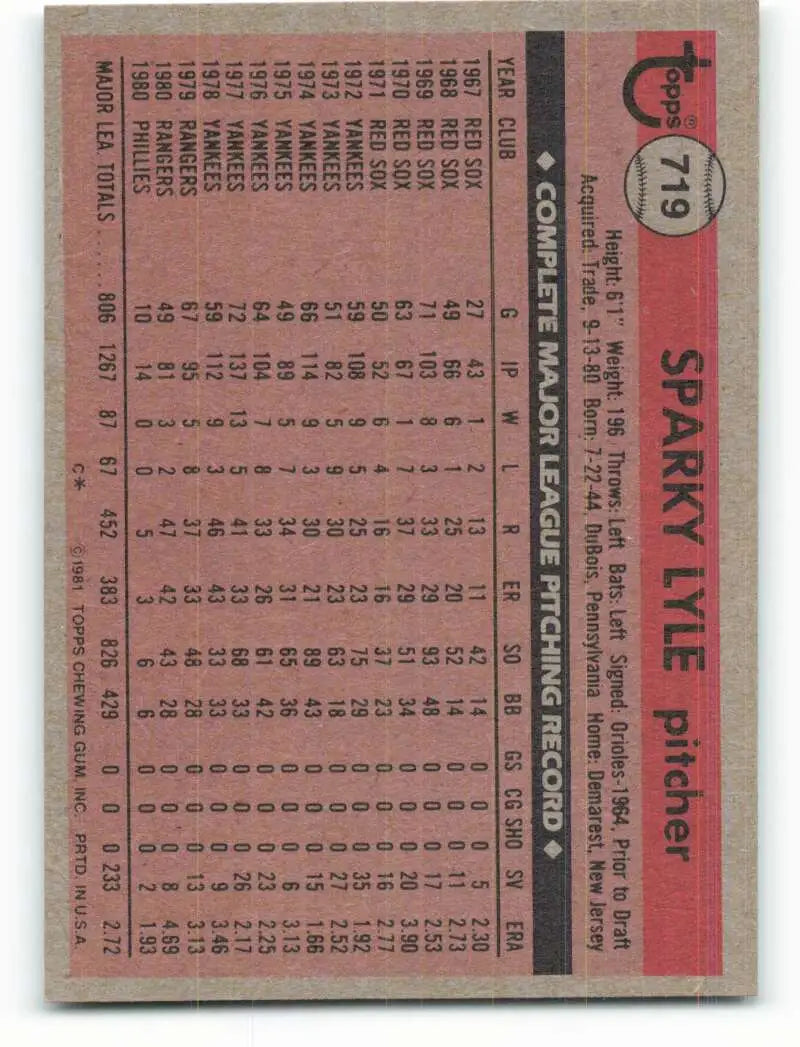 1981 Topps #719 Sparky Lyle EX Excellent Philadelphia Phillies Baseball Card - Baseball Card Single