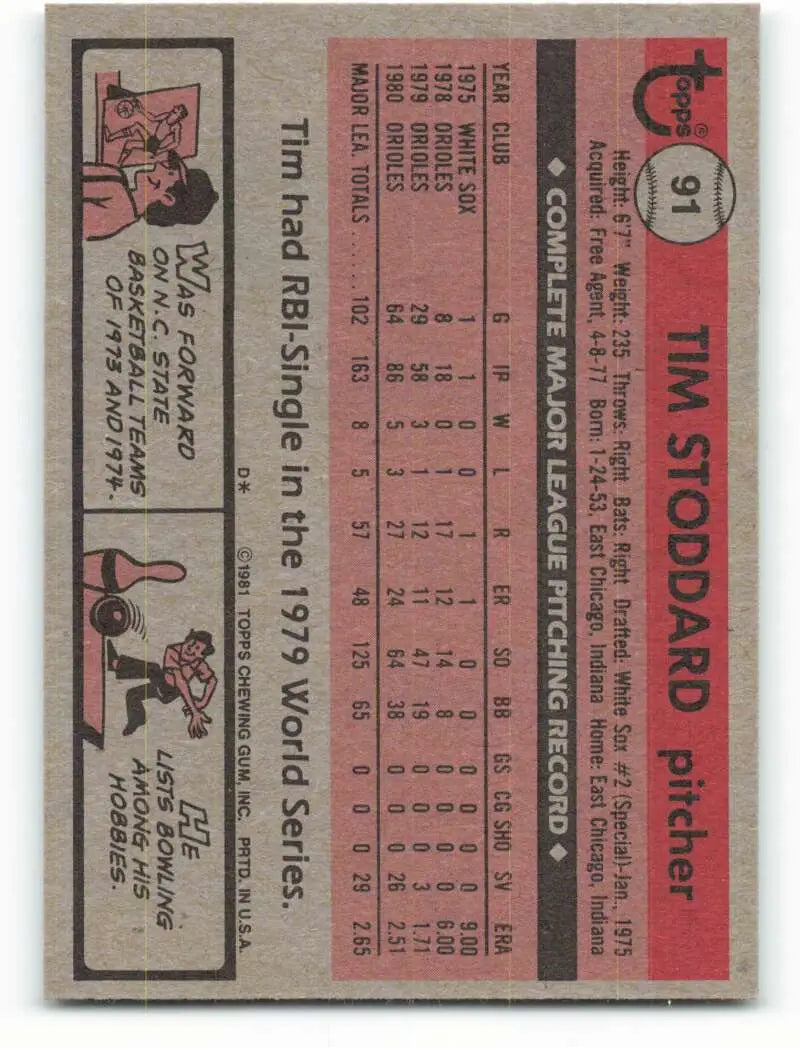 1981 Topps #91 Tim Stoddard EX Excellent Baltimore Orioles Baseball Card - Baseball Card Single