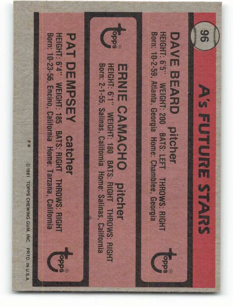 1981 Topps #96 Dave Beard/Ernie Camacho/Pat Dempsey EX Excellent RC Rookie Oakland Athletics Baseball Card - Baseball