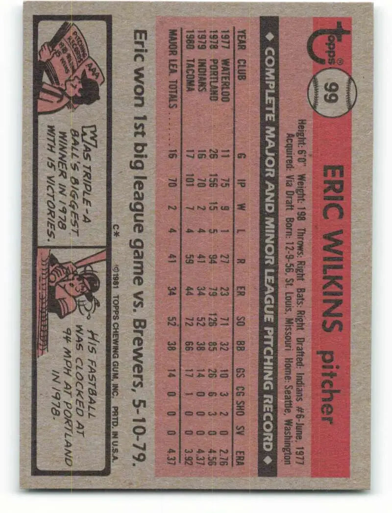 1981 Topps #99 Eric Wilkins EX Excellent Cleveland Indians Baseball Card - Baseball Card Single