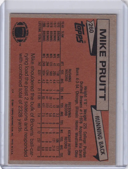 1981 Topps Football Mike Pruitt Cleveland Browns trading card for collectors