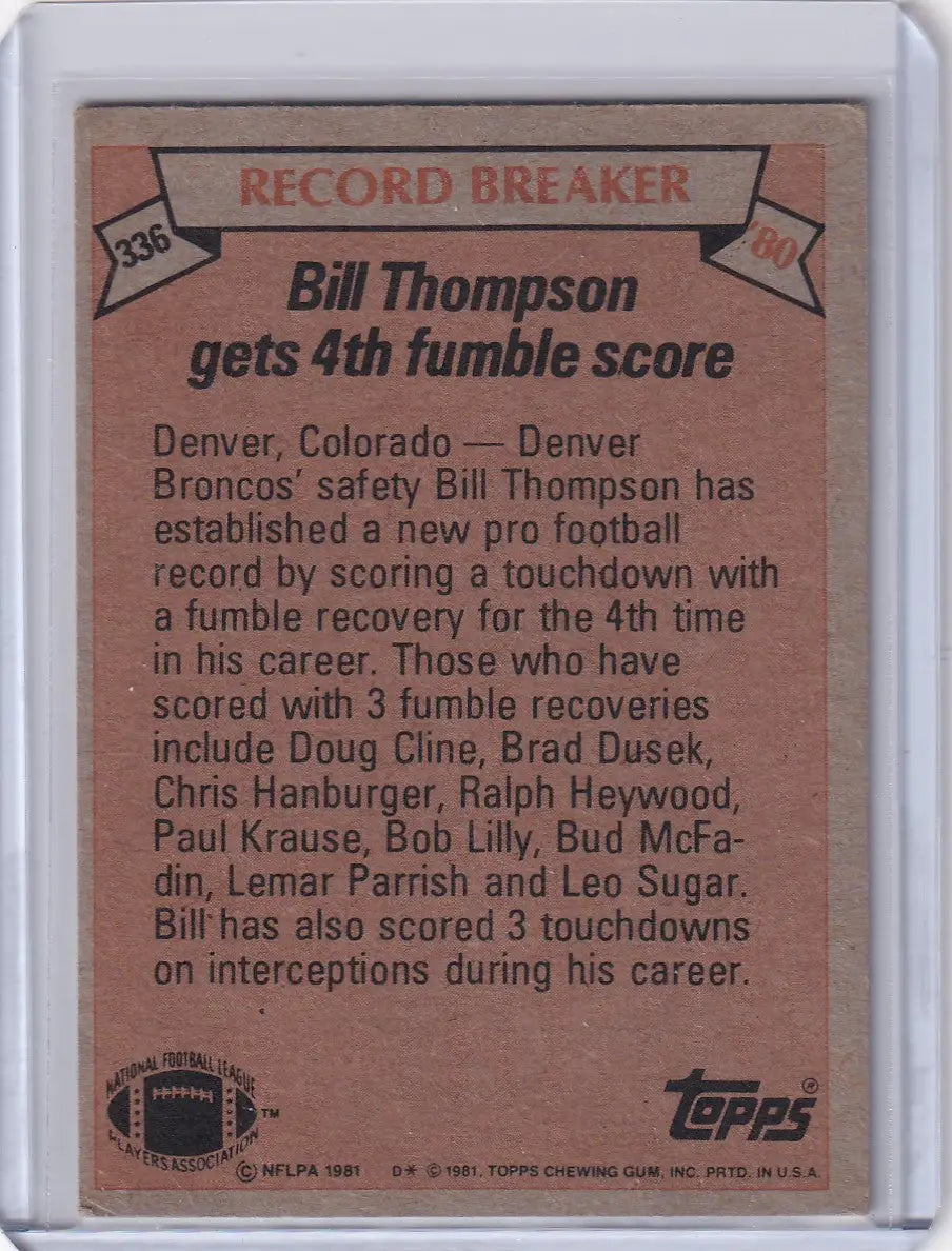 1981 Topps Football Bill Thompson Denver Broncos football card collectible