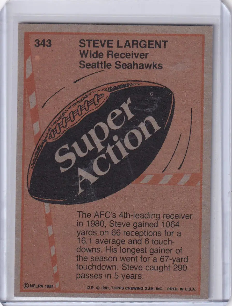 1981 Topps Football Steve Largent card featuring Seattle Seahawks player for collectors