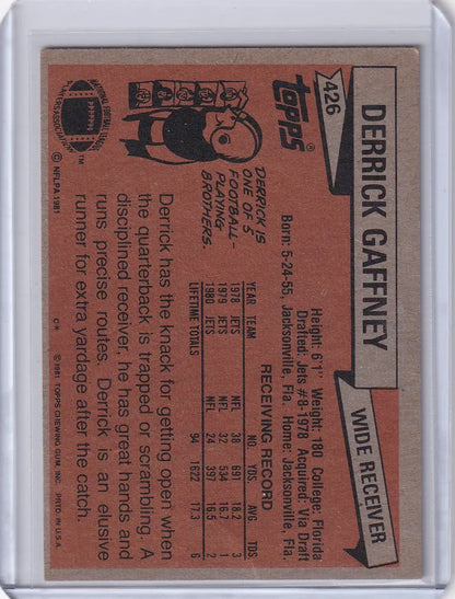 1981 Topps Football Derrick Gaffney NY Jets collectible card featuring football star