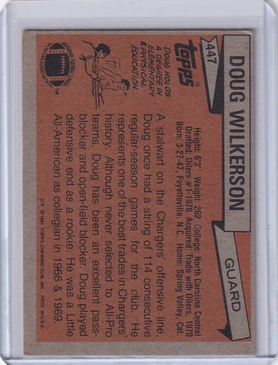 Vintage Doug Wilkerson football card from 1981 Topps Football featuring San Diego Chargers