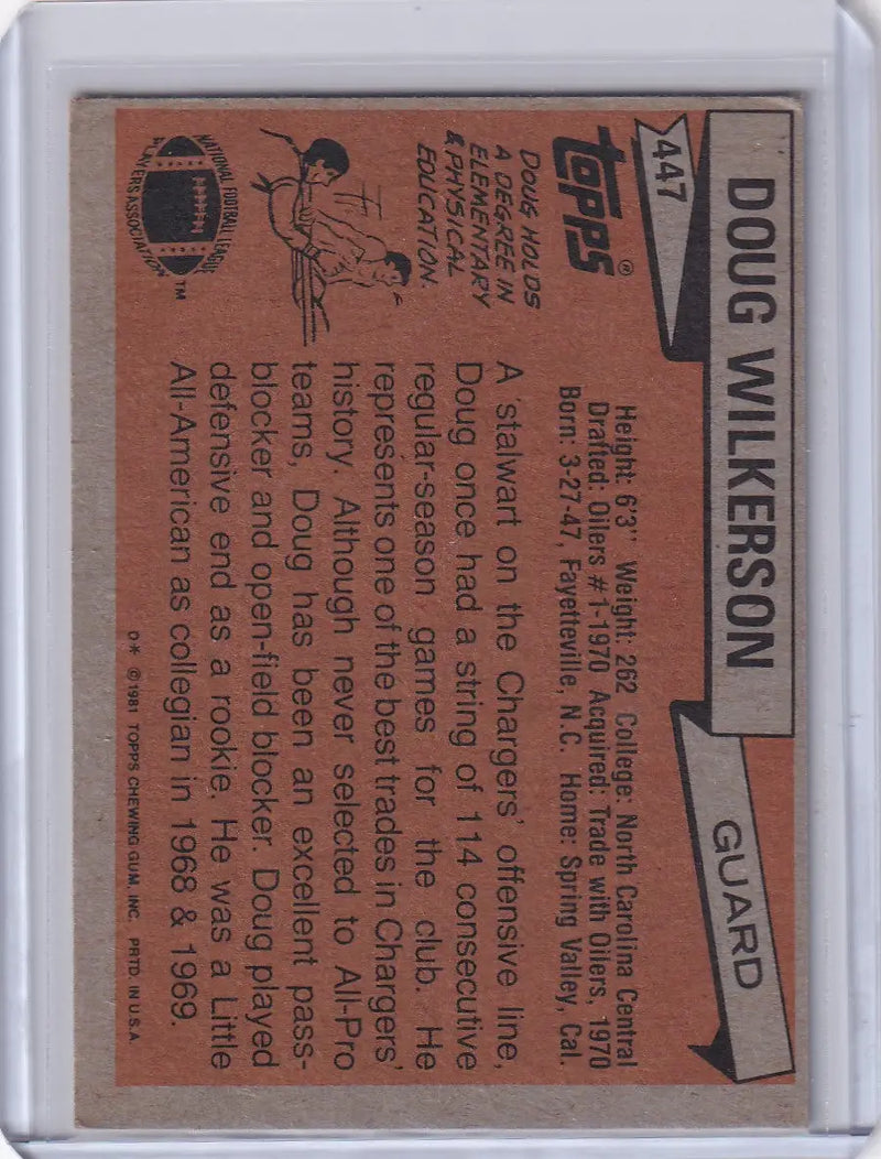 Vintage Doug Wilkerson football card from 1981 Topps Football featuring San Diego Chargers
