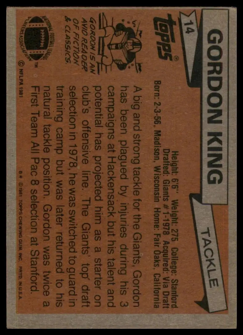 1981 Topps Gordon King #14 Rookie New York Giants Football Card NFL Sports - Football Card