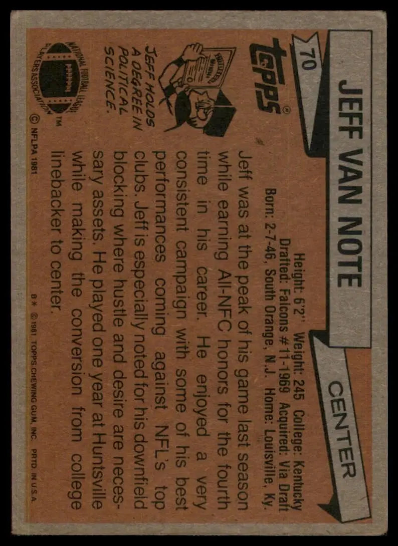 1981 Topps Jeff Van Note #70 Atlanta Falcons Football Card NFL Sports - Football Card Single