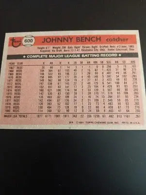 1981 Topps - Johnny Bench #600. Reds. EX - NRMT - Baseball Card Single