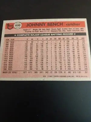 1981 Topps - Johnny Bench #600. Reds. EX - NRMT - Baseball Card Single