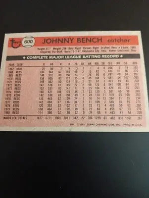 1981 Topps - Johnny Bench #600. Reds. EX - NRMT - Baseball Card Single