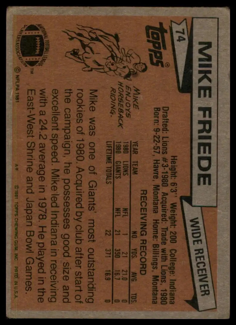 1981 Topps Mike Friede #74 Rookie New York Giants Football Card NFL Sports - Football Card Single