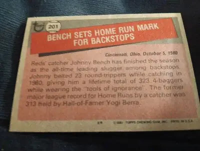 1981 Topps - Record Breaker Johnny Bench #201. Reds. EX-NRMT - Baseball Card Single