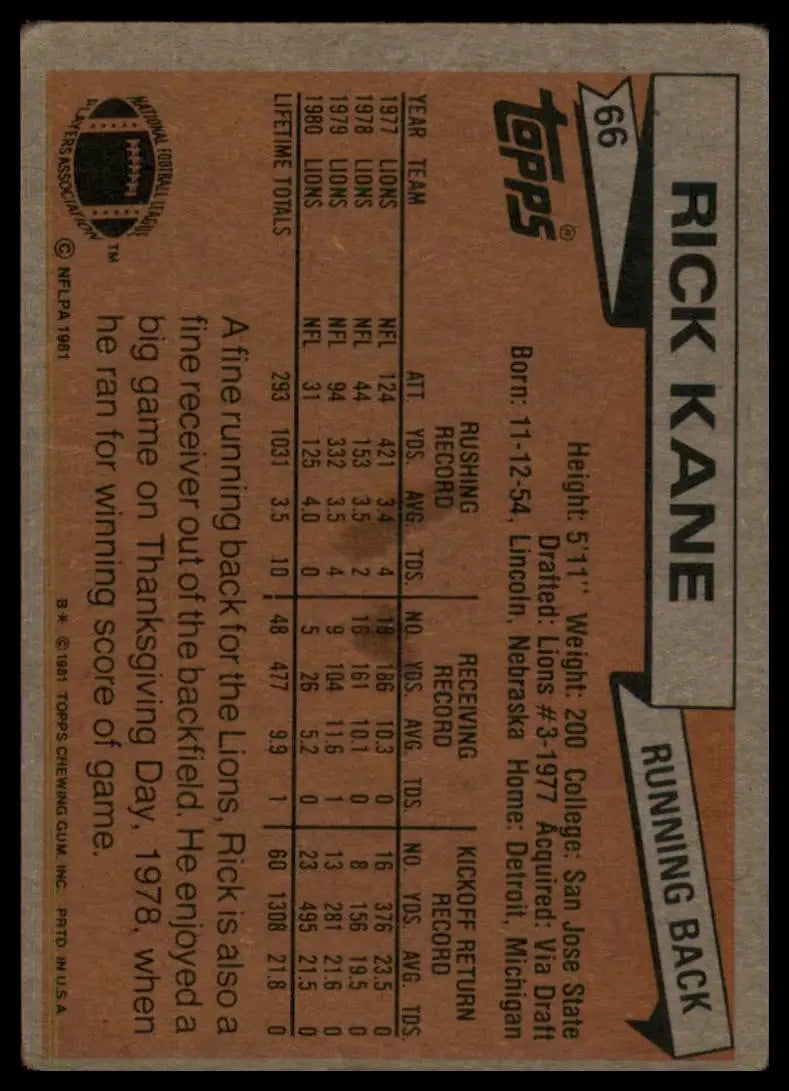 1981 Topps Rick Kane #66 Detroit Lions Football Card NFL Sports - Football Card Single