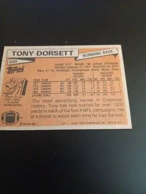 1981 Topps - Tony Dorsett #500. Dallas Cowboys. NRMT+ - Football Card Single