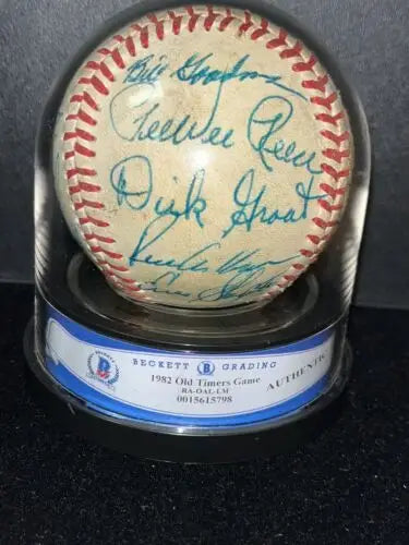 Signed baseball in display case, featuring Cracker Jack and BAS DiMaggio Brock Kaline Auto