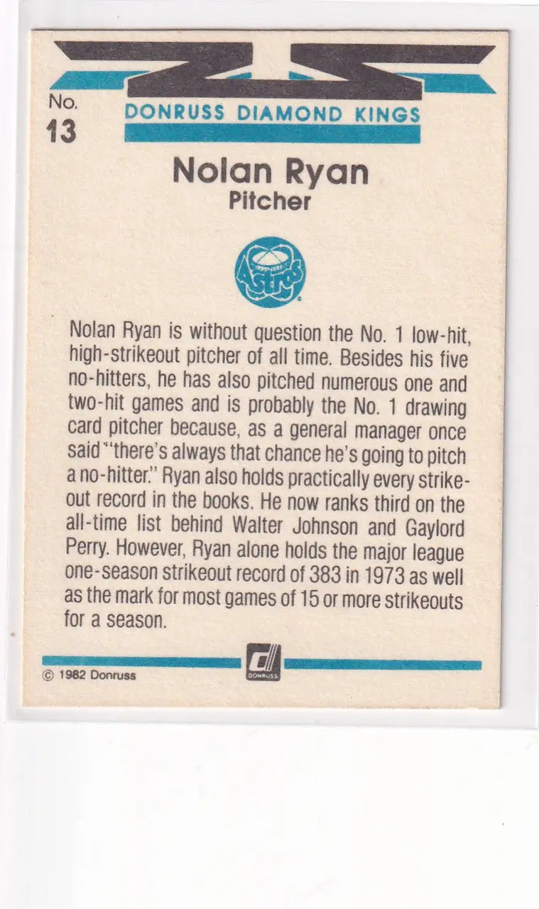 1982 DONRUSS #13 NOLAN RYAN DIAMOND KING- HOUSTON ASTROS - Baseball Card Single