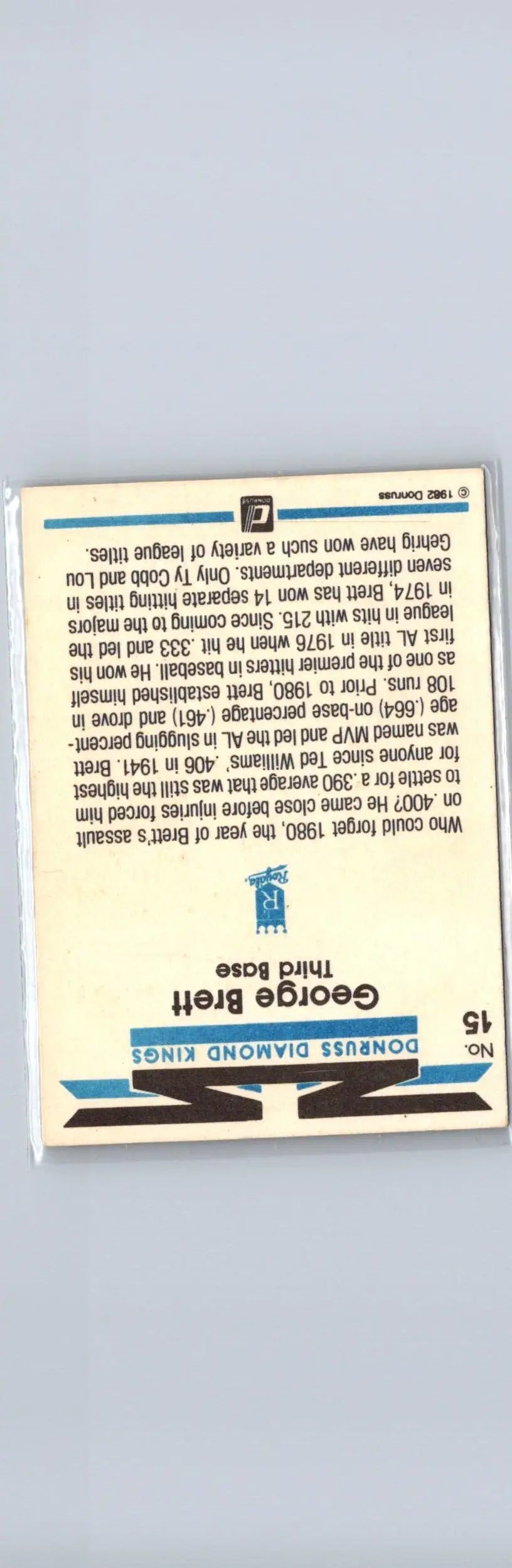 Back of a baseball card for George Brett from 1982 Donruss #15 collection