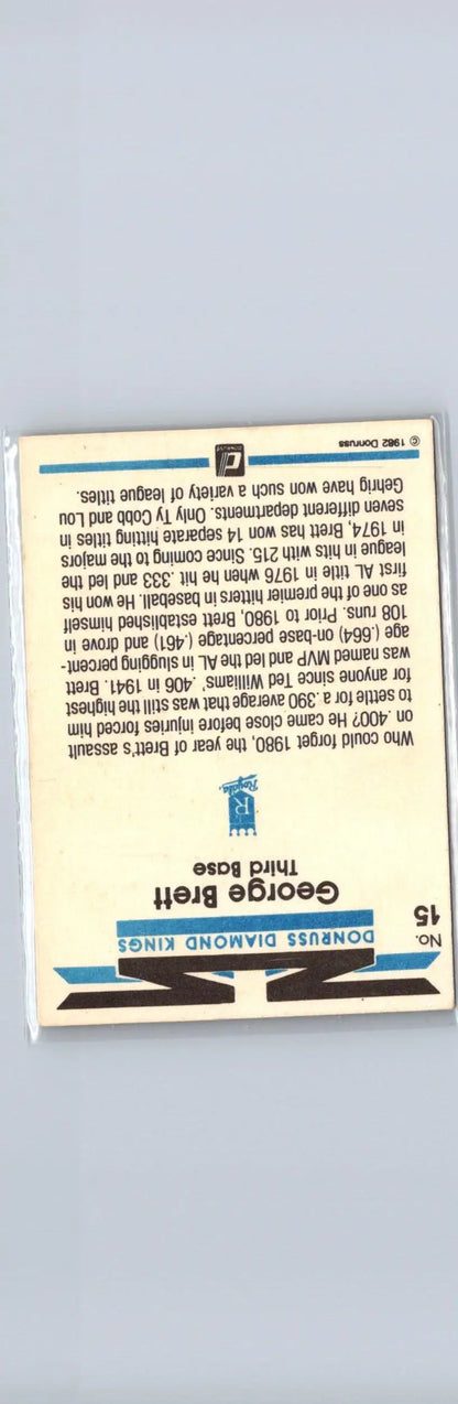 Back of a baseball card for George Brett from 1982 Donruss #15 collection