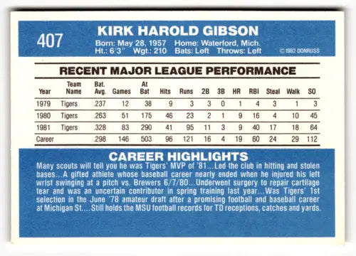 1982 Donruss #407 Kirk Gibson EX/NM Tigers ID:49060 - Baseball Card Single