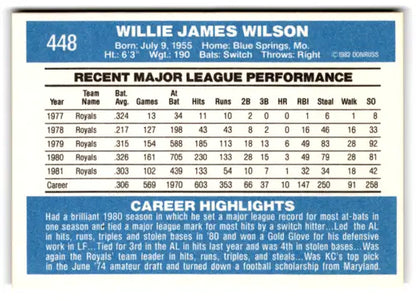 Original gloss Willie Wilson baseball card from 1982 Donruss Royals NM Near Mint
