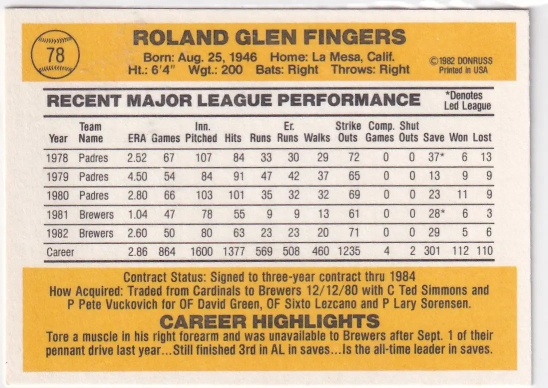 1982 DONRUSS #78 ROLLIE FINGERS- MILWAUKEE BREWERS - Baseball Card Single