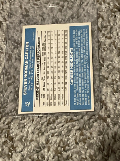 Steve Carlton 1982 Donruss baseball trading card with stats on blue background