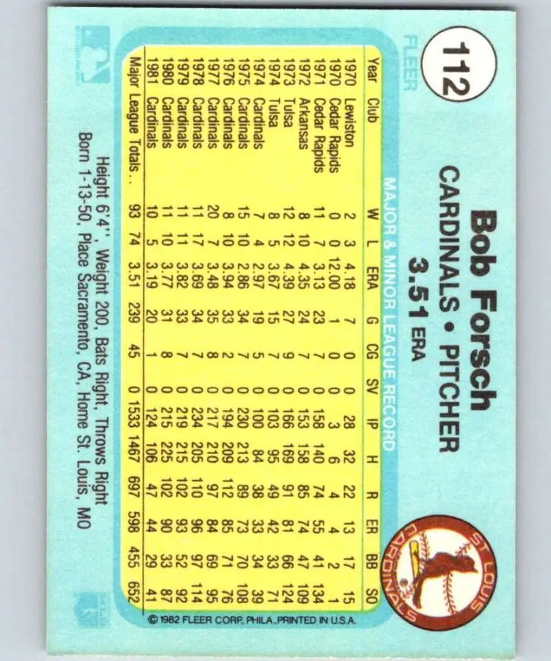 1982 Fleer #112 Bob Forsch EX Excellent St. Louis Cardinals Baseball Card - Baseball Card Single