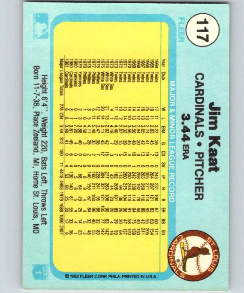 1982 Fleer #117 Jim Kaat EX Excellent St. Louis Cardinals Baseball Card - Baseball Card Single