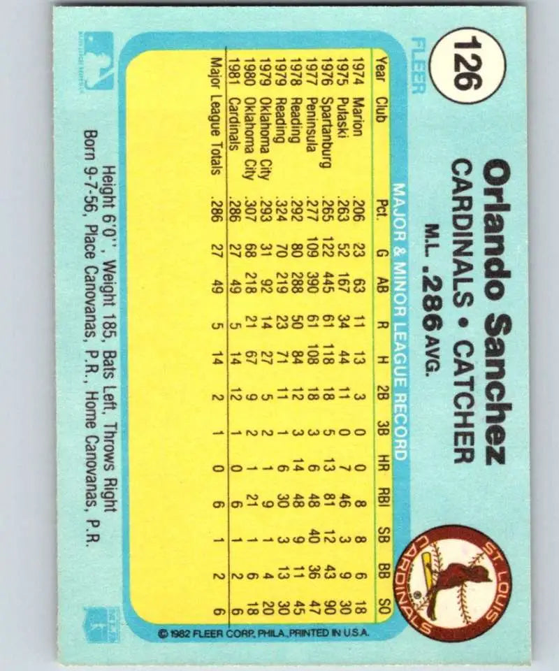 1982 Fleer #126 Orlando Sanchez EX Excellent St. Louis Cardinals Baseball Card - Baseball Card Single