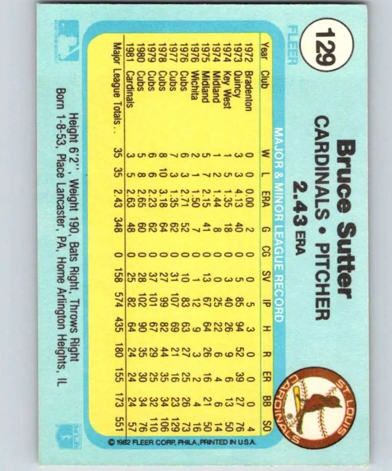 1982 Fleer #129 Bruce Sutter EX Excellent St. Louis Cardinals Baseball Card - Baseball Card Single