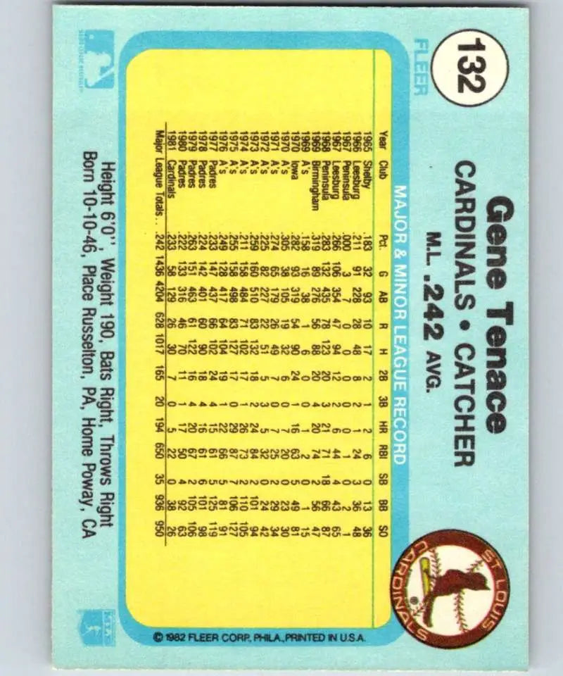 1982 Fleer #132 Gene Tenace EX Excellent St. Louis Cardinals Baseball Card - Baseball Card Single