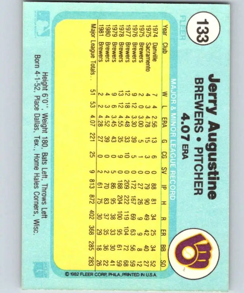 1982 Fleer #133 Jerry Augustine EX Excellent Milwaukee Brewers Baseball Card - Baseball Card Single