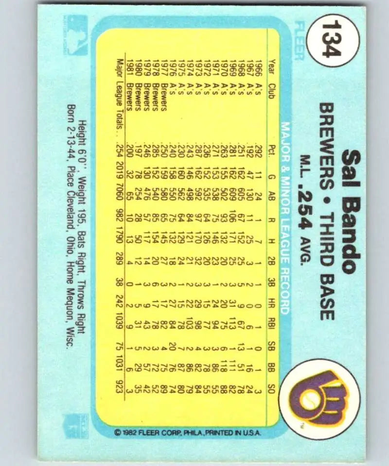 1982 Fleer #134 Sal Bando EX Excellent Milwaukee Brewers Baseball Card - Baseball Card Single