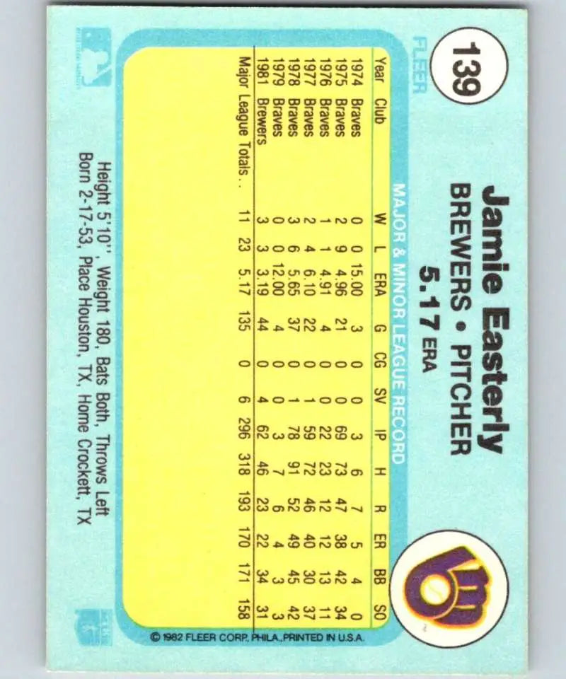 1982 Fleer #139 Jamie Easterly EX Excellent Milwaukee Brewers Baseball Card - Baseball Card Single