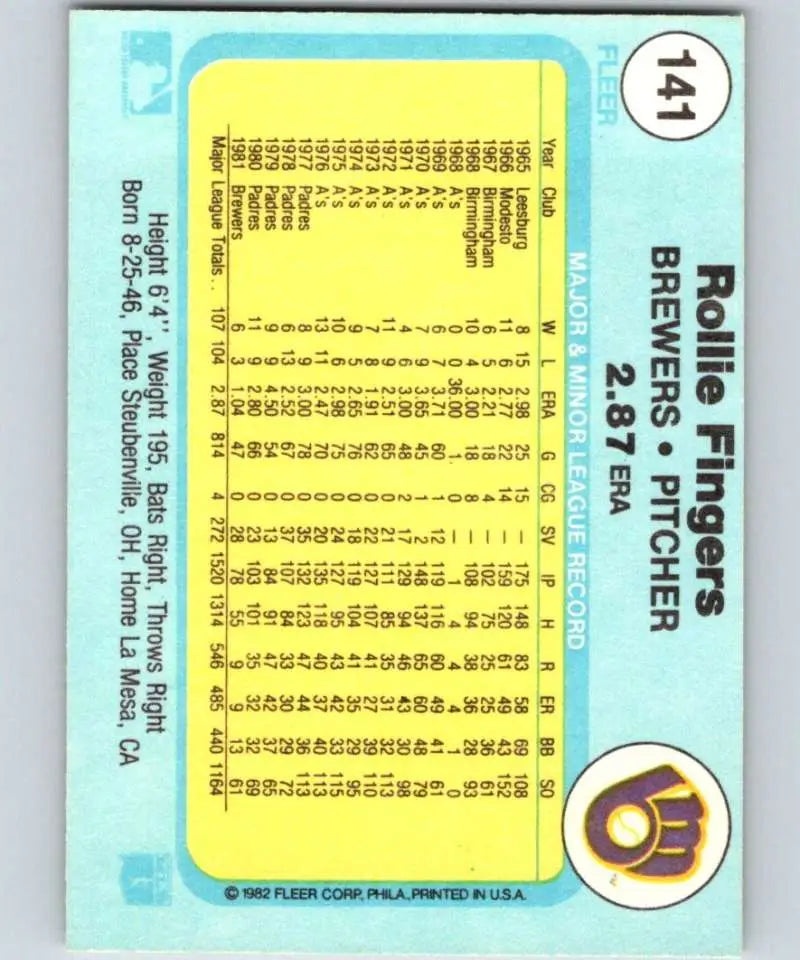 1982 Fleer #141 Rollie Fingers EX Excellent Milwaukee Brewers Baseball Card - Baseball Card Single