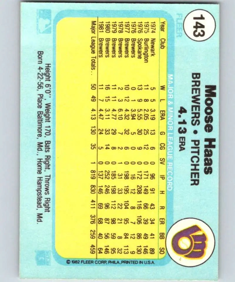 1982 Fleer #143 Moose Haas EX Excellent Milwaukee Brewers Baseball Card - Baseball Card Single