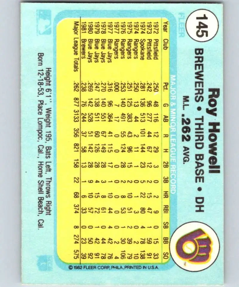 1982 Fleer #145 Roy Howell EX Excellent Milwaukee Brewers Baseball Card - Baseball Card Single