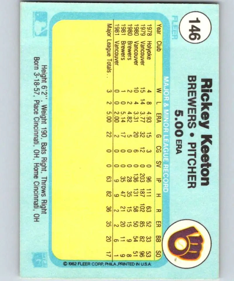 1982 Fleer #146 Rickey Keeton EX Excellent RC Rookie Milwaukee Brewers Baseball Card - Baseball Card Single