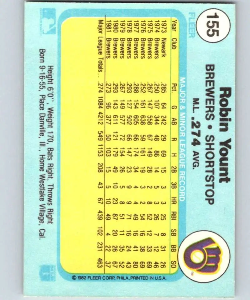 1982 Fleer #155 Robin Yount EX Excellent Milwaukee Brewers Baseball Card - Baseball Card Single