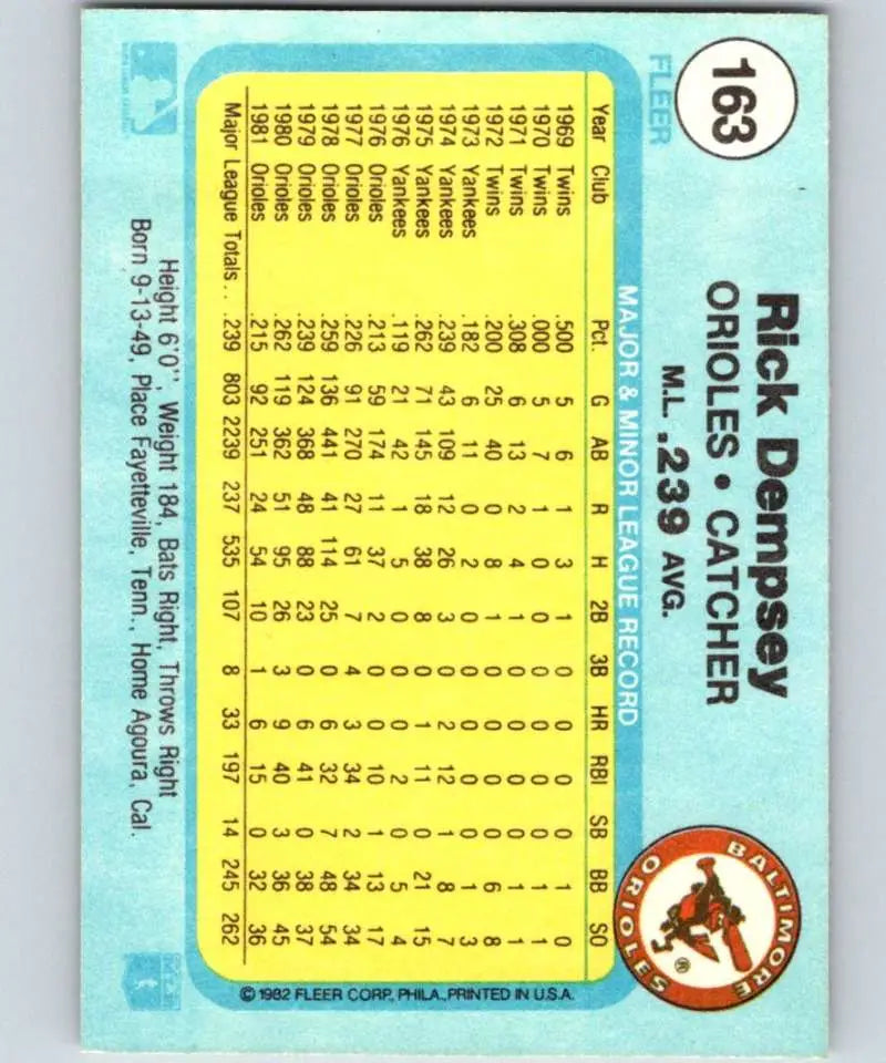 1982 Fleer #163 Rick Dempsey EX Excellent Baltimore Orioles Baseball Card - Baseball Card Single