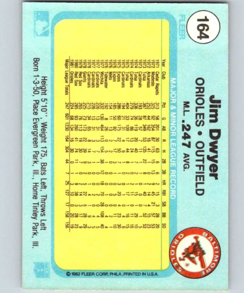 1982 Fleer #164 Jim Dwyer EX Excellent Baltimore Orioles Baseball Card - Baseball Card Single