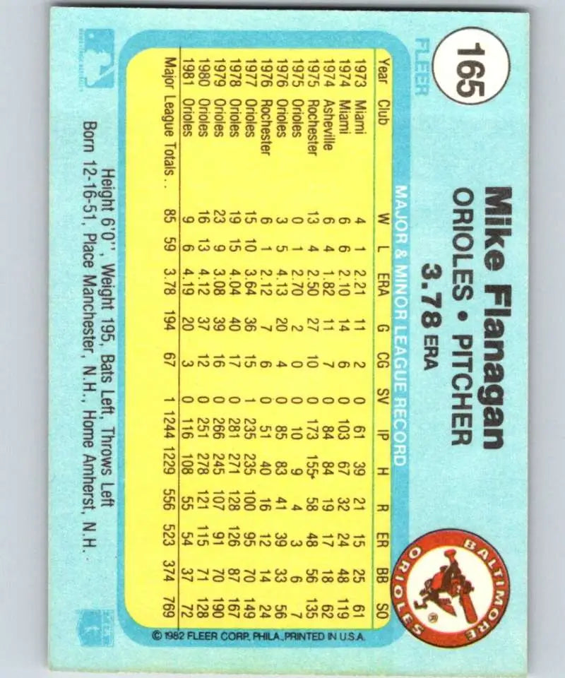 1982 Fleer #165 Mike Flanagan EX Excellent Baltimore Orioles Baseball Card - Baseball Card Single