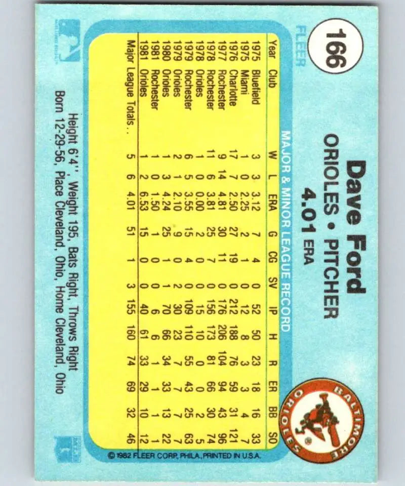 1982 Fleer #166 Dave Ford EX Excellent Baltimore Orioles Baseball Card - Baseball Card Single