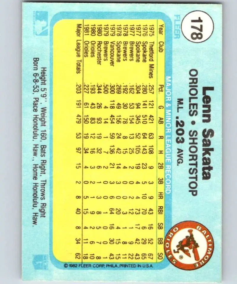 1982 Fleer #178 Lenn Sakata EX Excellent Baltimore Orioles Baseball Card - Baseball Card Single