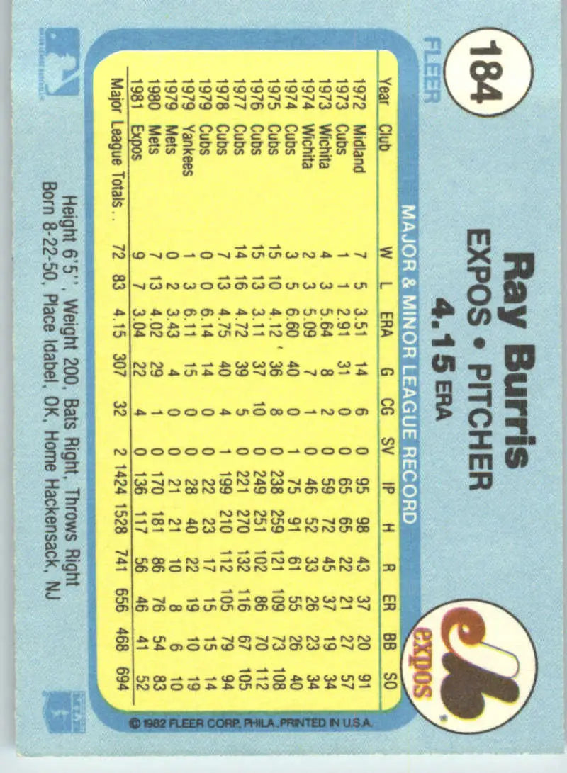 1982 Fleer #184 Ray Burris EX Excellent Montreal Expos Baseball Card - Baseball Card Single