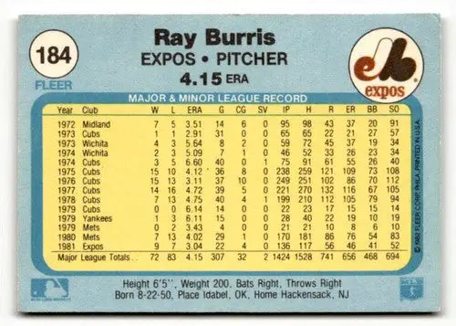 Original gloss Ray Burris Montreal baseball card from 1982 Fleer #184 featuring Burris Montreal Expos