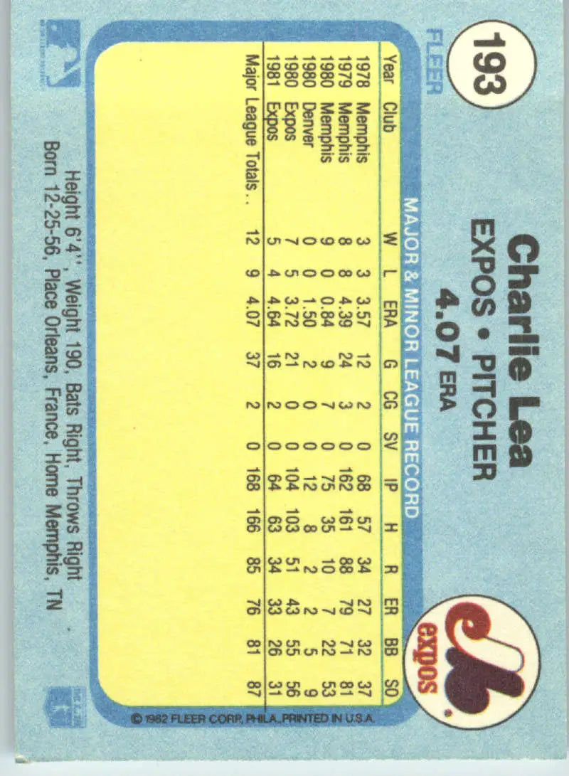 1982 Fleer #193 Charlie Lea EX Excellent Montreal Expos Baseball Card - Baseball Card Single