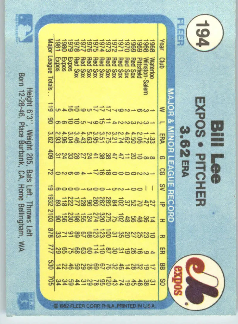 1982 Fleer #194 Bill Lee EX Excellent Montreal Expos Baseball Card - Baseball Card Single