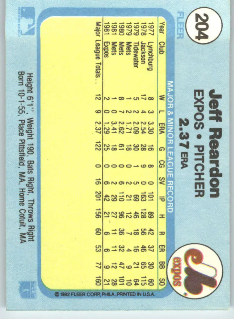 1982 Fleer #204 Jeff Reardon EX Excellent Montreal Expos Baseball Card - Baseball Card Single
